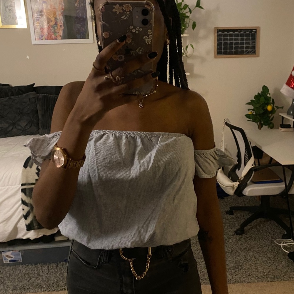 dainty blue striped off the shoulder top